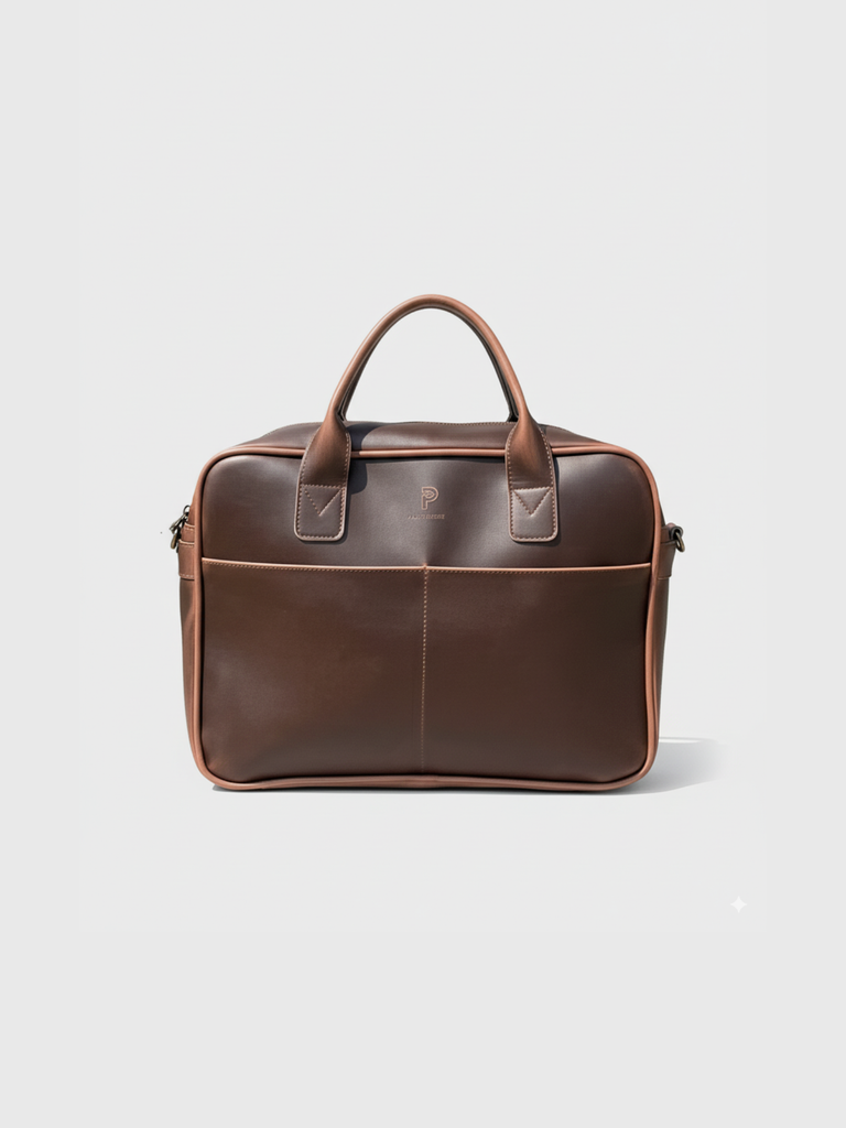 Front view of Plant Inside laptop bag in brown matt vegan leather, minimalist design handcrafted in Poland – sustainable and cruelty-free accessory