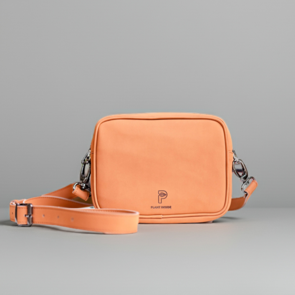 Front view of Plant Inside vegan crossbody bag in camel nubuck – minimalist, handcrafted design that makes the perfect ethical and sustainable gift