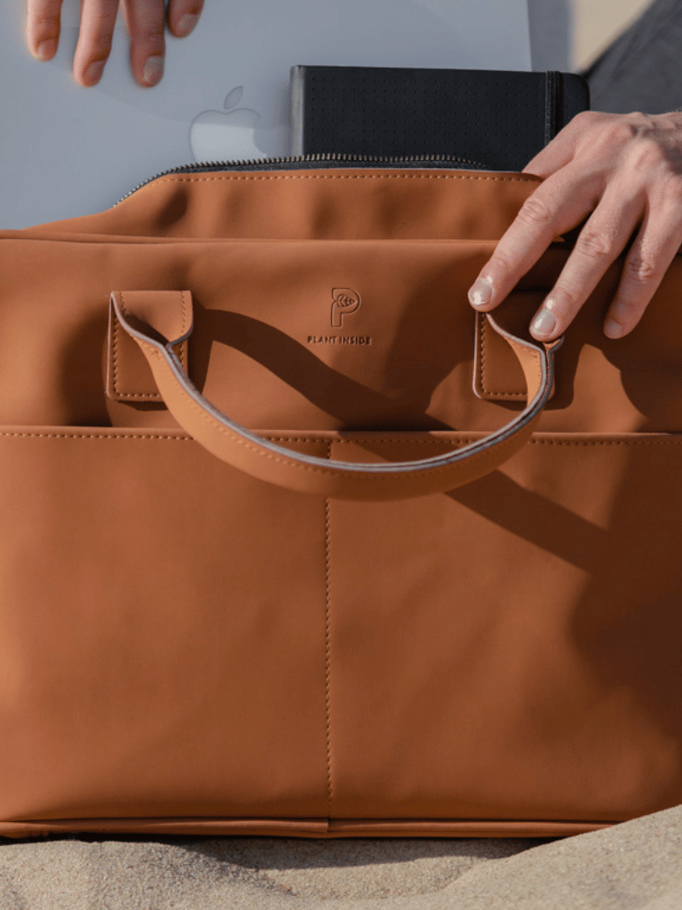 Camel matte vegan laptop bag with padded interior and multiple compartments